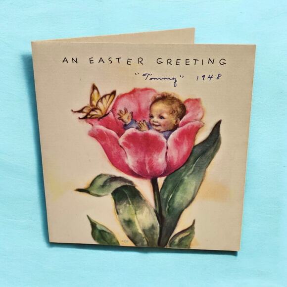 1947 Marjorie Cooper Easter Baby Inside Tulip Butterfly Vintage Rust Craft Card - Picture 2 of 10